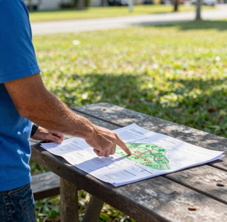 Candid shot of a local resident pointing at a community park blueprint on a picnic table, bright Florida sunlight, vibrant green grass in the background, 35mm.