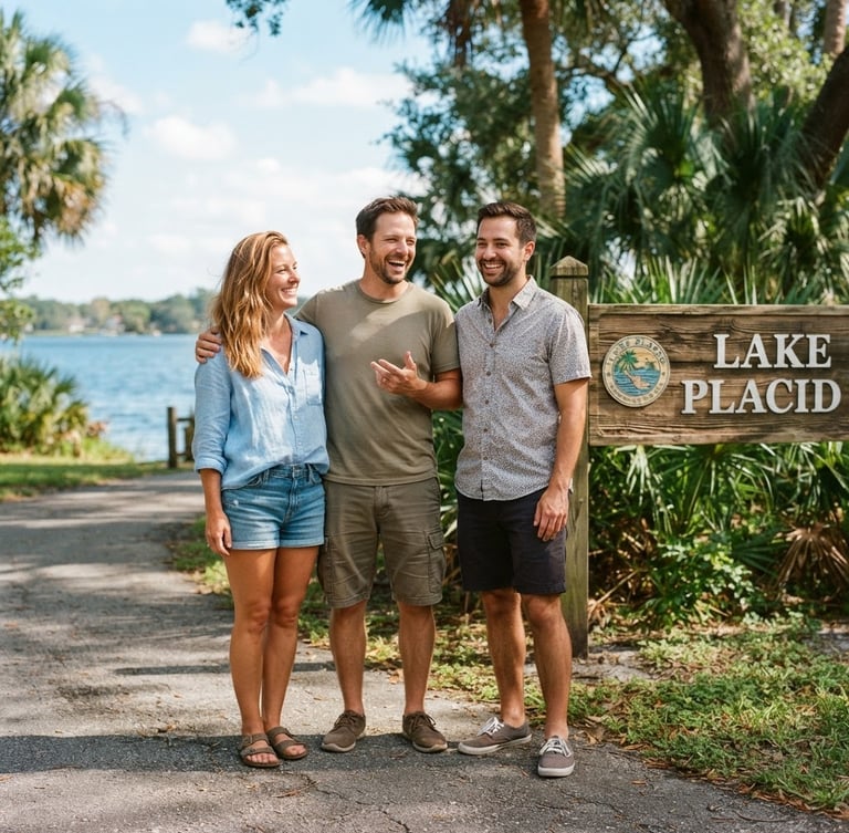 Vertical framing of three local residents in casual clothes standing together near a Lake Placid park sign, bright natural sunlight, candid and warm, 35mm photography.
