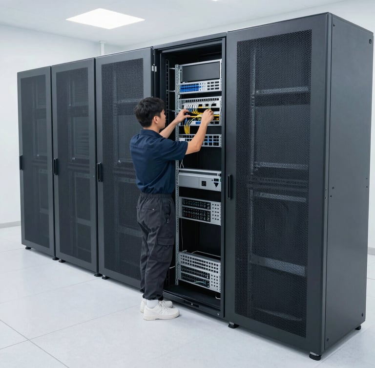 Wide shot of a clean, organized server room with multiple racks, technician in uniform checking connections, immaculate cable management, bright clean neutral daylight, sharp focus, 35mm lens.