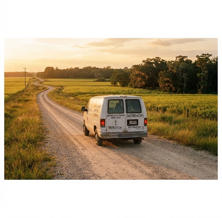 Wide panoramic shot of a Senseless Favor Ministries outreach vehicle on a rural Louisiana road at golden hour, driving away from the viewer, with expansive fields and distant trees, natural southern daylight.