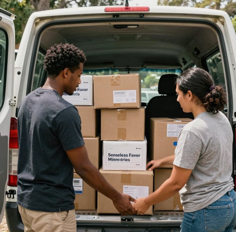 Medium shot of two Senseless Favor Ministries team members, one male and one female, actively loading boxes of supplies into the back of a ministry van, warm natural southern daylight, authentic community setting.