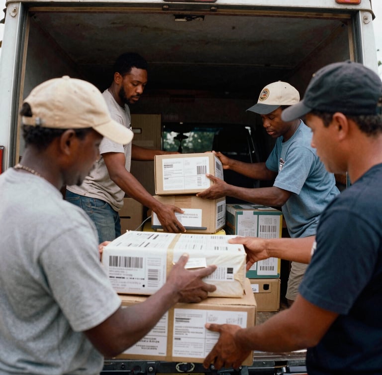 Team members actively loading supplies into a ministry truck, natural southern daylight, warm documentary photography. Focus on hands and faces showing dedication.