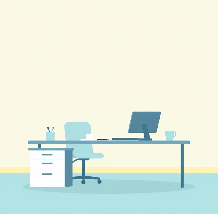 Flat vector illustration of a clean modern office workspace with soft macaron pastel colors, sky blue and cream yellow accents, minimalist geometric lines, bright cheerful morning light, generous negative space.