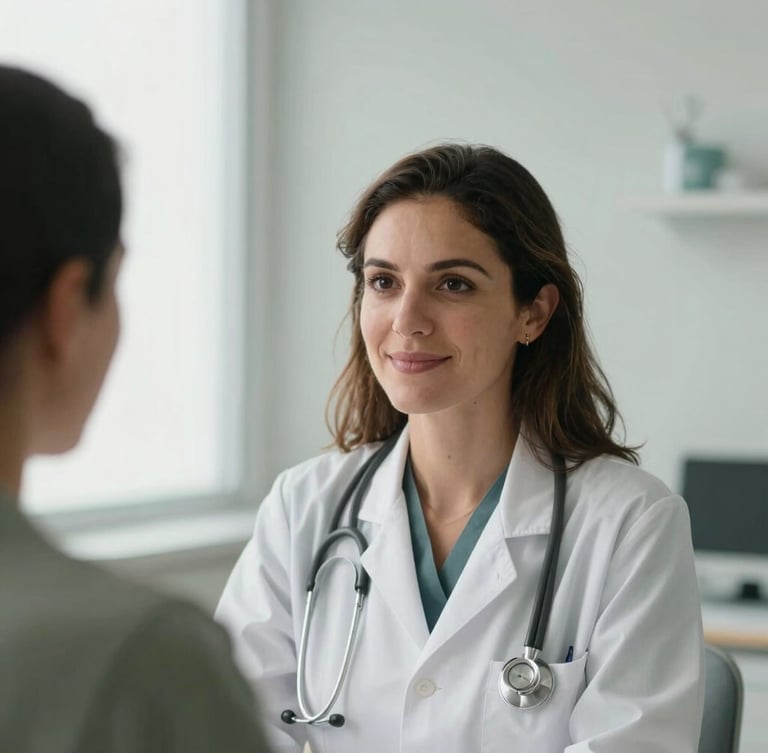 Close-up of Dra. Luciana Poyatos, a female doctor with a kind and professional expression, interacting with a patient (out of frame) in a clean, minimalist medical office. Soft natural window light illuminates the scene. Muted sage and slate tones in the background. Shallow depth of field.