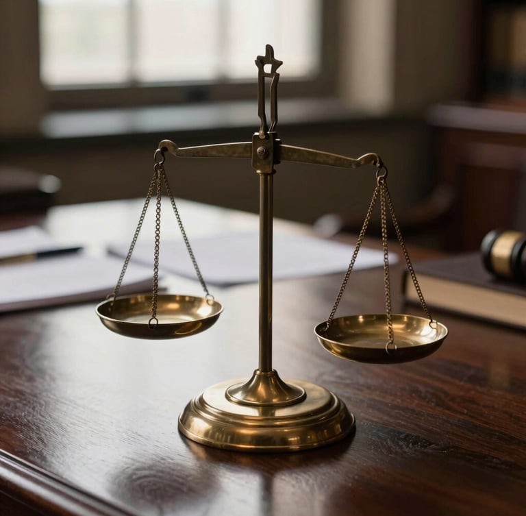 Close-up of a vintage brass scale of justice resting on a dark mahogany desk, soft golden window light, legal documents blurred in the background, dignified atmosphere