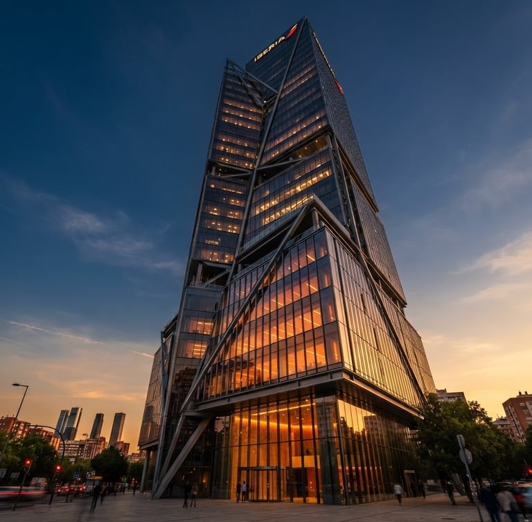 Low-angle architectural photograph of a modern glass and steel corporate headquarters in Madrid, dramatic golden hour reflections, editorial luxury style
