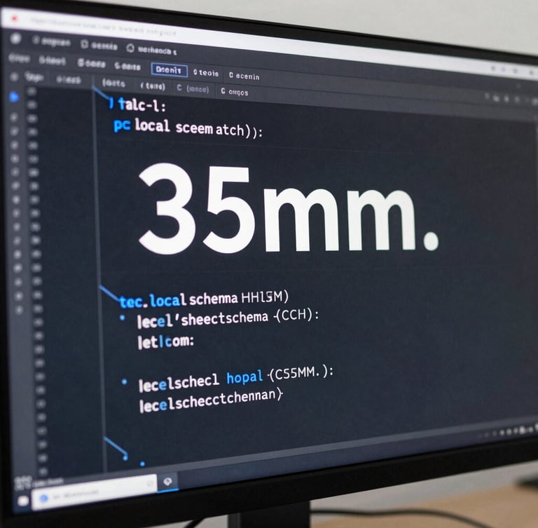 Close-up macro shot of clean HTML code with structured local schema displayed on a high-contrast monitor in a modern Austin workspace, crisp studio lighting, 35mm.