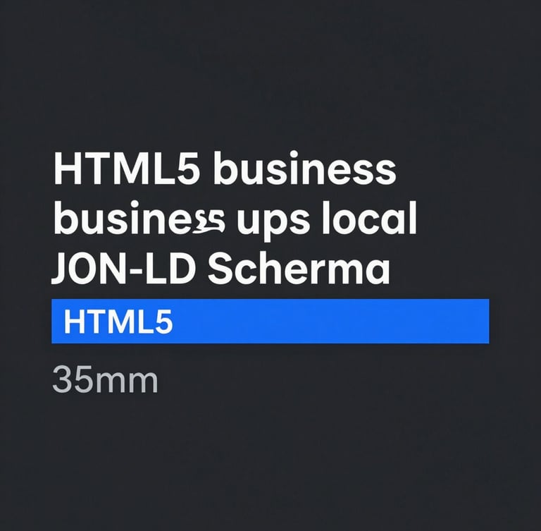 High-resolution screenshot of clean, structured HTML5 markup with local business JSON-LD schema highlighted, crisp studio lighting, high contrast