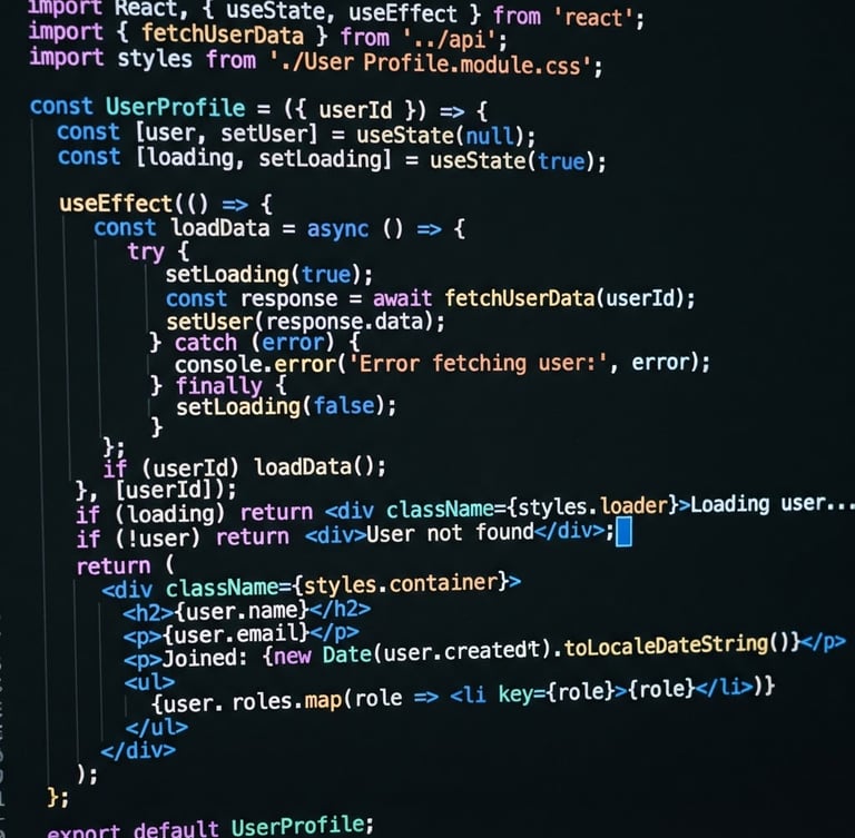 Macro close-up of clean, syntax-highlighted code on a dark screen with an electric blue cursor, crisp studio lighting, high contrast, 35mm