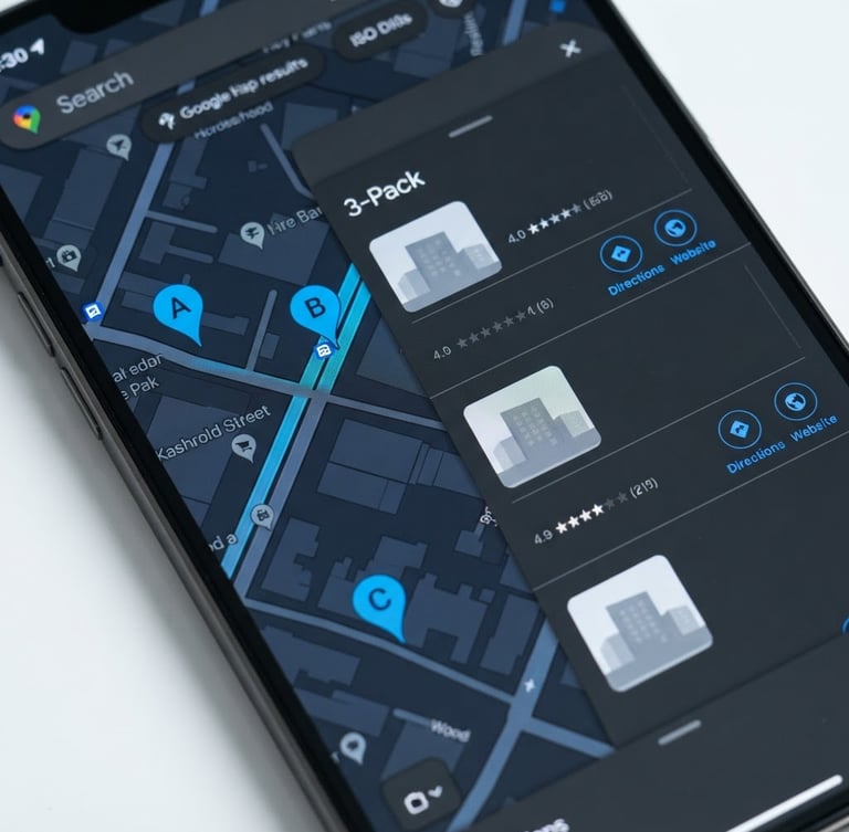 Macro close-up of a smartphone screen displaying a Google Maps local 3-pack search result with electric blue map pins, sharp studio lighting, 35mm