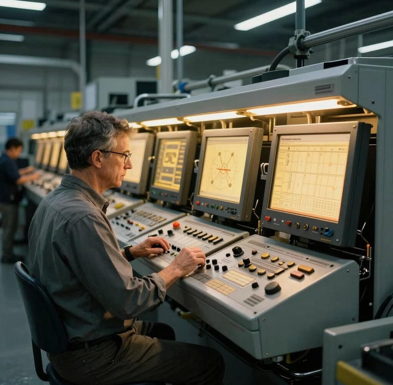 Consultant Pinewood Consulting colaborând cu un operator la o linie de asamblare de înaltă precizie într-o fabrică modernă, lumină industrială rece cu strălucire caldă de la panourile de control, focalizare clară pe interacțiune, stil editorial.