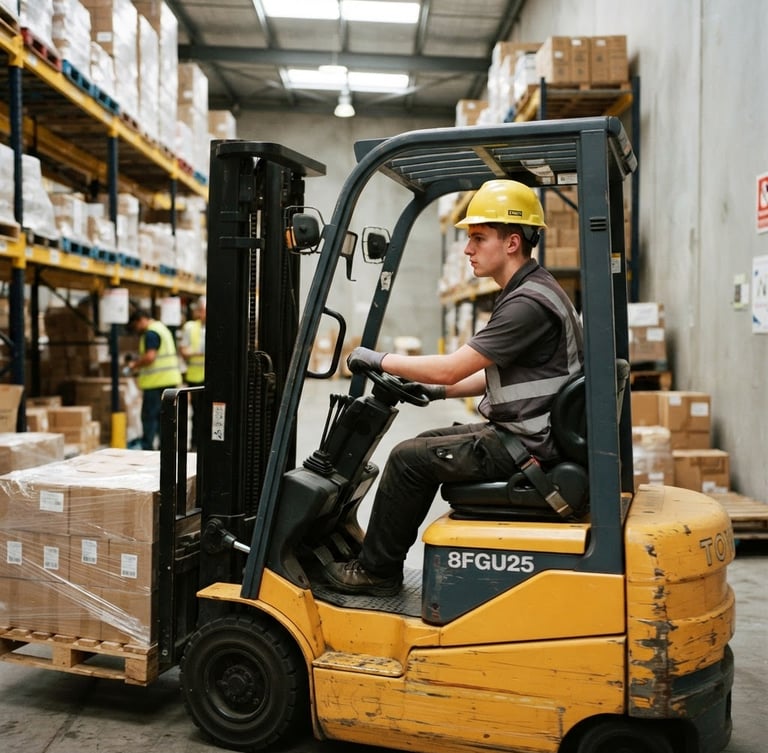 Realistic industrial photography of a student wearing a yellow helmet and safety vest operating a yellow forklift in a bright warehouse, 35mm lens, sharp focus