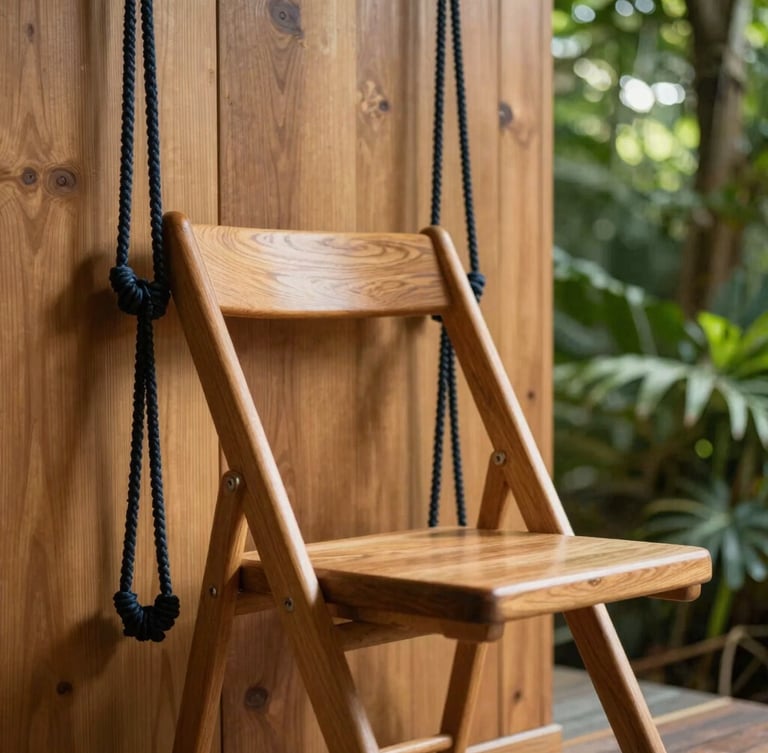 Close-up of a wooden Iyengar yoga chair and ropes suspended from a solid timber wall, soft side-lighting highlighting the grain of the wood and the precise alignment.