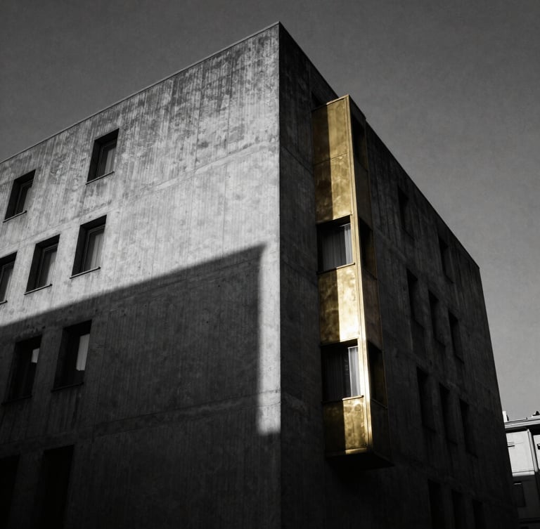 Low-angle architectural shot of a brutalist concrete building in Milan, sharp shadows, high-contrast black and white, dramatic twilight lighting, 35mm