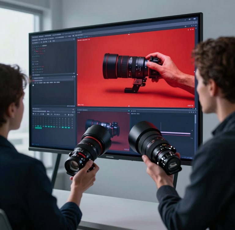 Tight angled shot of a creative team analyzing high-contrast video footage on a large screen, cool-toned daylight, professional workspace, 35mm lens