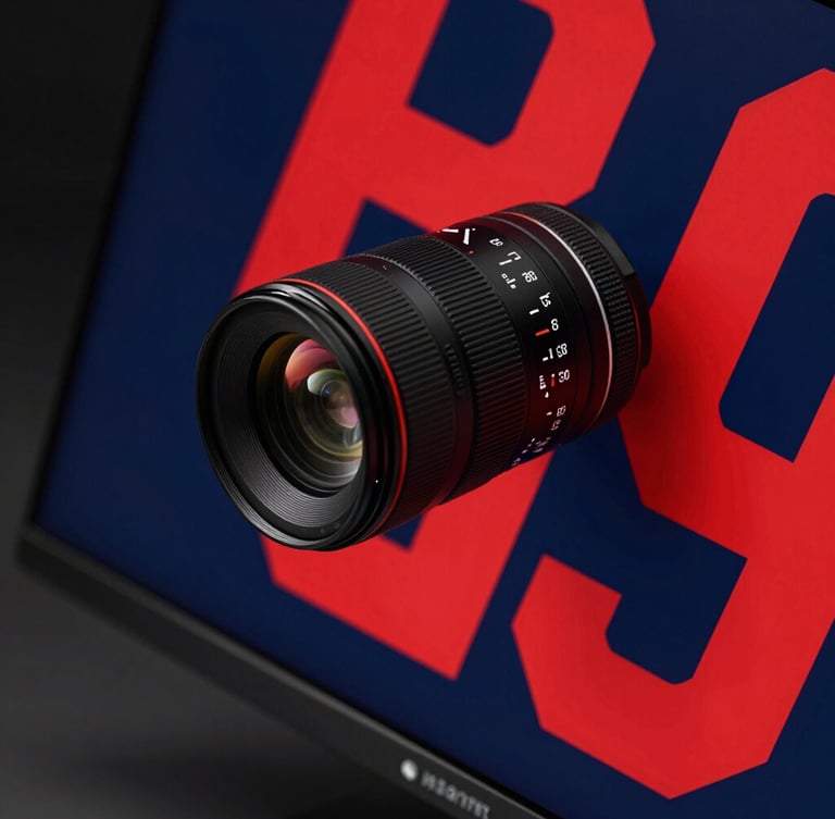 Angled close-up of a high-contrast digital design monitor showing bold red and navy graphics, dramatic studio lighting, sharp details, 35mm lens