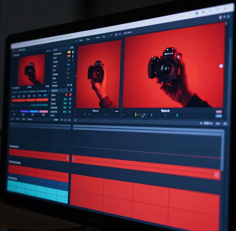 A close-up shot of a high-contrast video editing suite with deep navy and bold red color grading on screen, professional studio environment