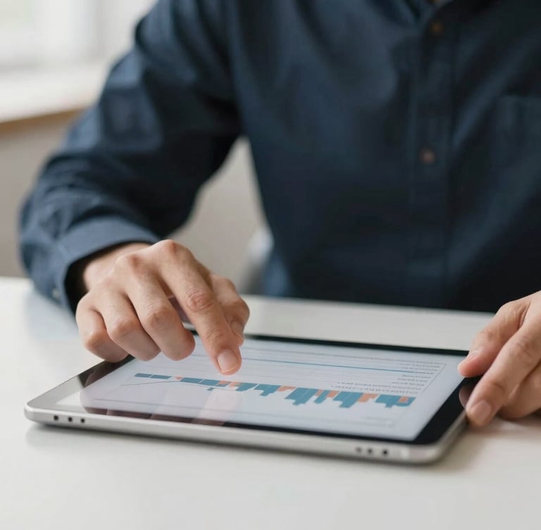 Minimalist corporate photography, close-up of hands analyzing clean financial charts on a tablet, soft natural daylight, muted navy and warm gray tones, shallow depth of field.