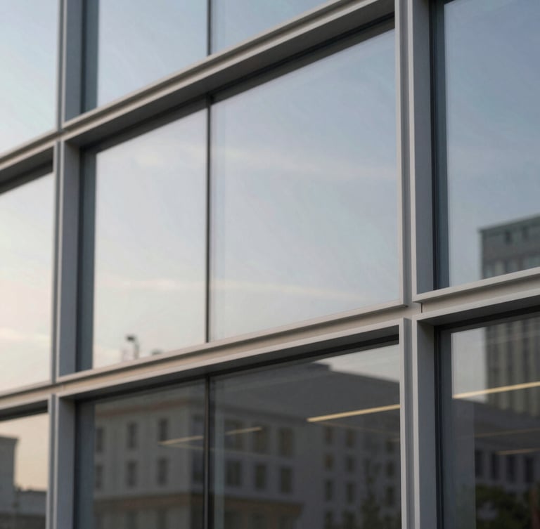 Architectural detail of a modern business center facade, clean steel and glass lines, soft diffused daylight, minimalist corporate style.