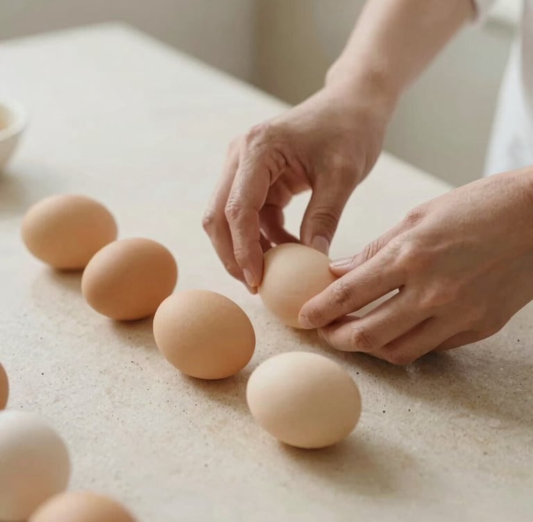 Close-up of hands preparing fresh whole ingredients on a light sand stone counter, soft diffused daylight, warm clinical minimalist style, 35mm.