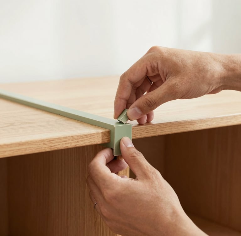 Close-up of craftsman hands carefully restoring a vintage cabinet joint, soft morning light, warm wood tones, clean minimalist setting, 35mm.