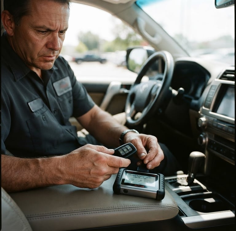 Close-up of a professional technician in uniform programming a modern transponder key fob inside a vehicle, high-contrast outdoor daylight, shallow depth of field, 35mm
