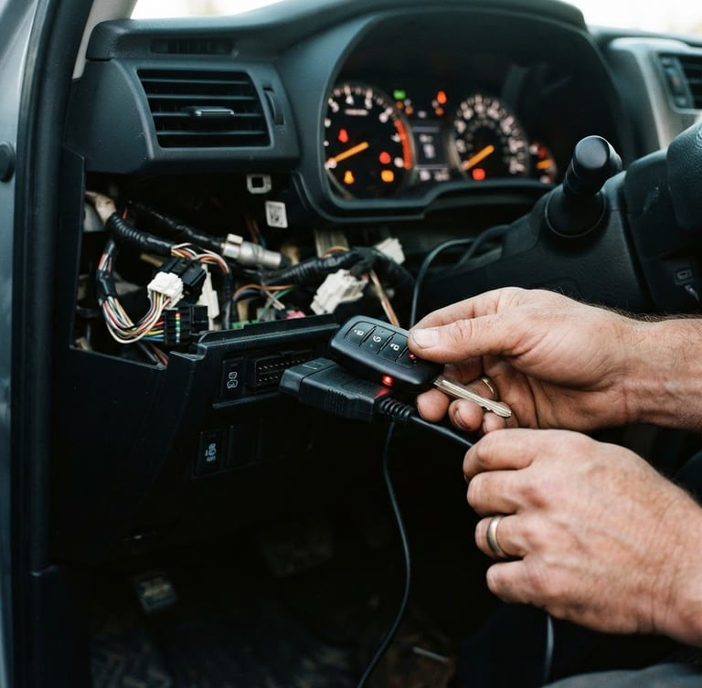 Tight macro shot of a certified locksmith's hands programming a modern transponder key inside a vehicle, dashboard lights glowing, sharp focus, industrial metallic tones, 35mm