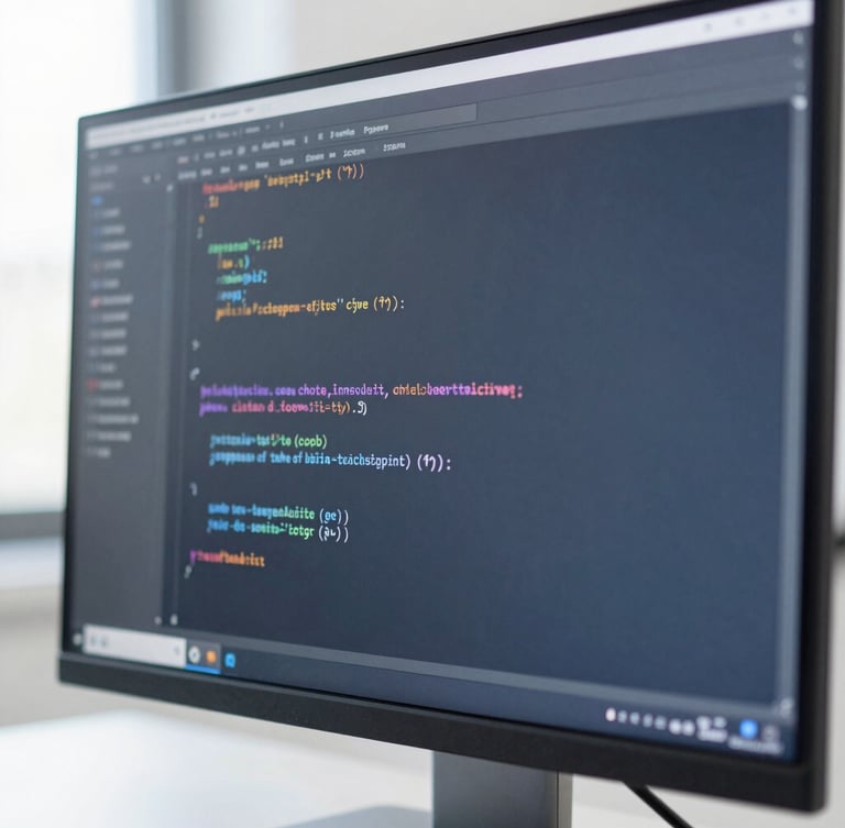 Macro shot of clean code on a high-end monitor, cool blue and slate tones, bright natural daylight, sharp focus, architectural framing, 35mm