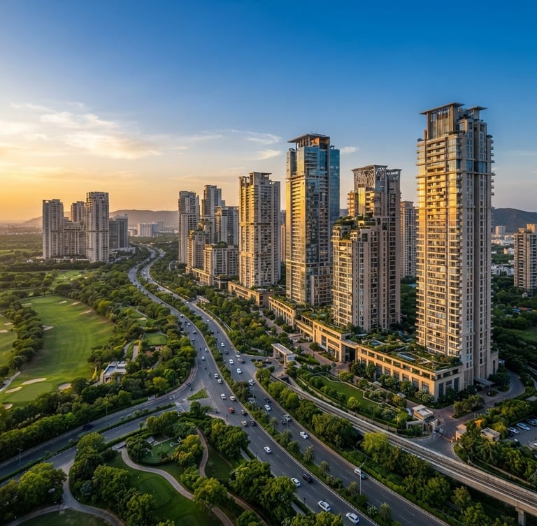 Wide-angle drone shot of modern high-rise residential towers along Golf Course Road, Gurugram, under warm golden hour sunlight, lush green landscaping, clear sky, premium architectural photography.