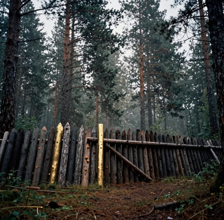 Cinematic wide angle portrait of a reconstructed iron-age wooden palisade in a misty pine forest, overcast daylight, deep forest tones, 35mm grain