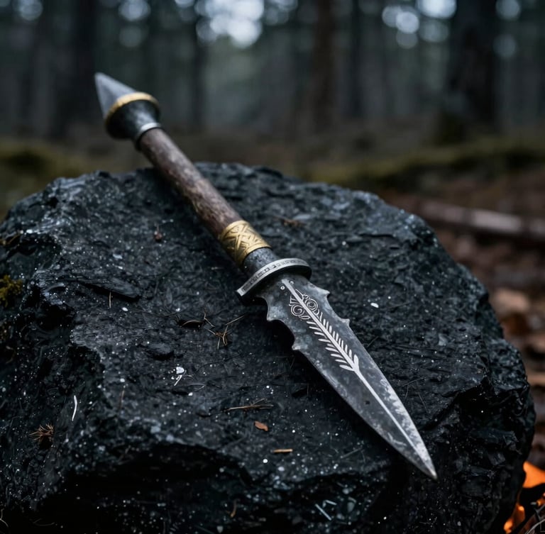 Close-up of a reconstructed iron-age Tavastian spearhead with intricate silver inlay, resting on dark charcoal stone, dramatic firelight, deep shadows.