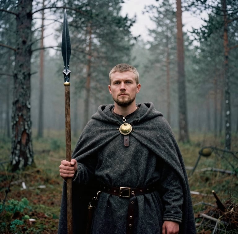 A reconstructed 11th-century Karelian chieftain standing in a misty pine forest, wearing a wool cloak fastened with a bronze penannular brooch, holding a spear, moody overcast northern daylight, 35mm film grain