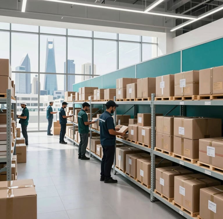 Wide shot of a modern, clean logistics hub interior, high shelves stocked with neatly organized packages, a few professional workers in branded uniforms overseeing operations, bright architectural daylight, deep teal accents, Riyadh skyline visible through large windows in the background, 35mm lens, sleek corporate photography.