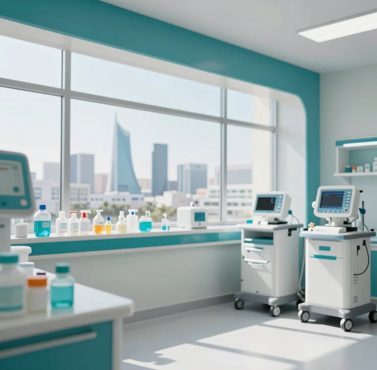 Clean, modern hospital environment, focus on organized medical supplies and equipment, bright architectural daylight, deep teal accents, 35mm lens.