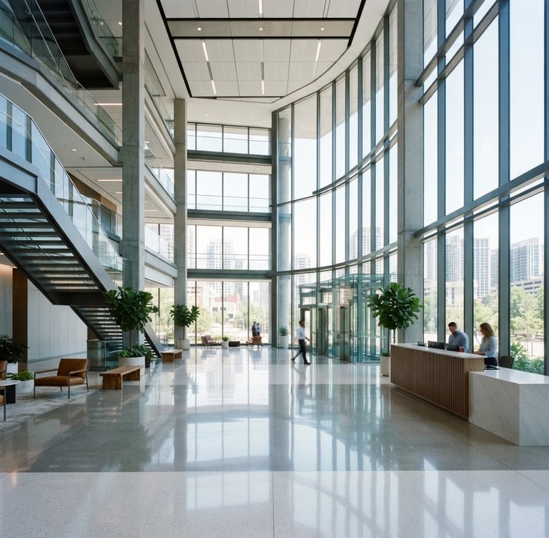 Crisp architectural photography, bright daylight, a newly constructed modern office lobby with towering glass windows, dust-free floors reflecting the light, commercial interior, 35mm