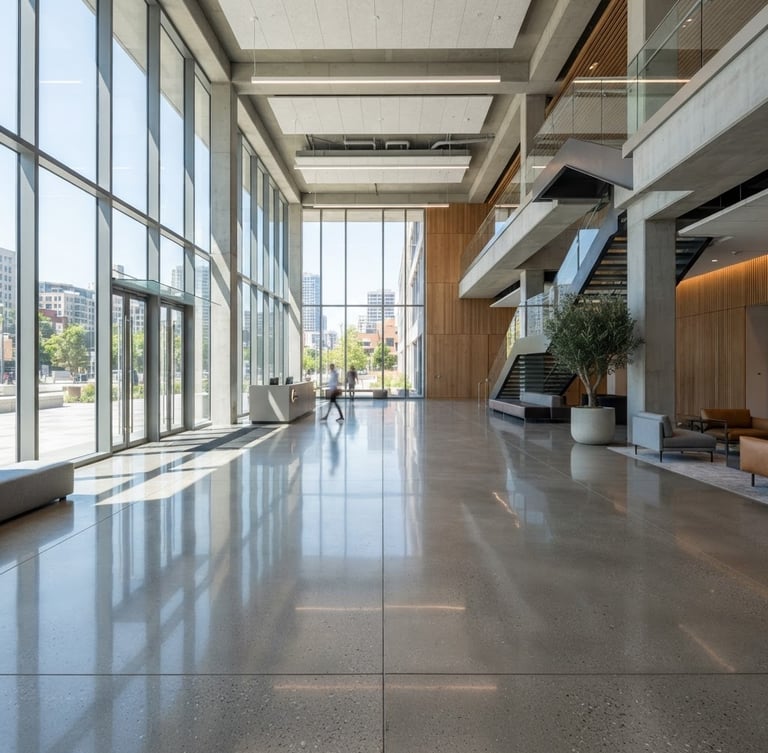 Crisp architectural photography of a freshly polished concrete floor in a modern commercial lobby, bright natural daylight reflecting on the pristine surface, wide angle, 35mm
