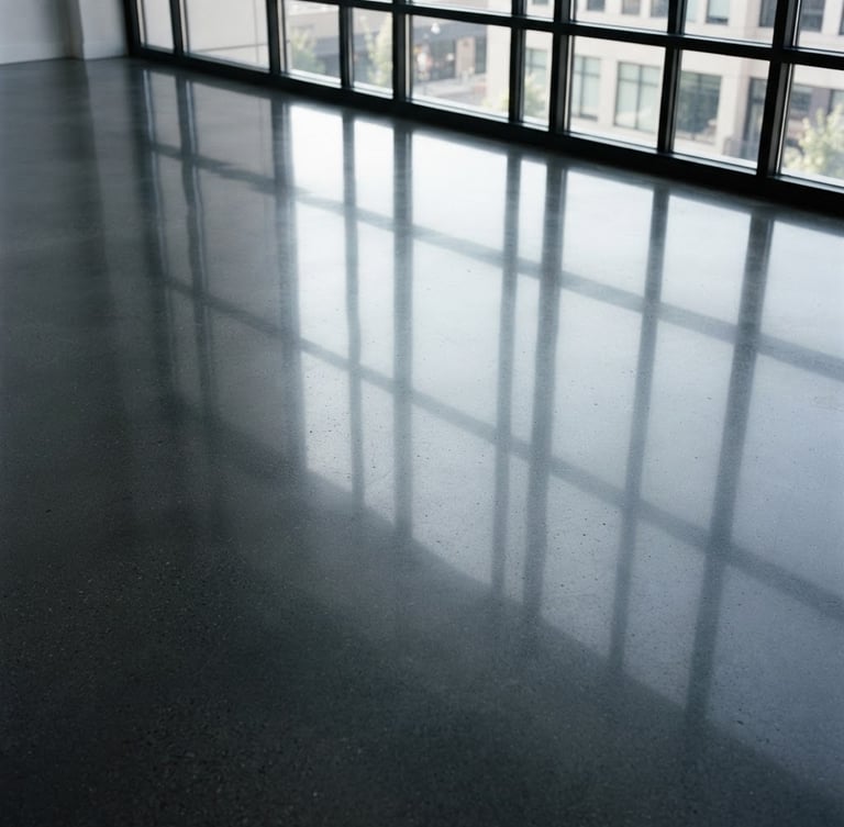 Extreme close-up of a perfectly polished dark gray concrete floor with crisp architectural light reflections, professional commercial interior, 35mm