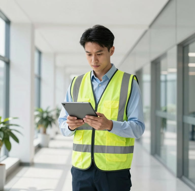 Vertical portrait of a professional facility manager in a clean high-visibility vest reviewing a digital tablet inside a modern, bright commercial building corridor, sharp focus