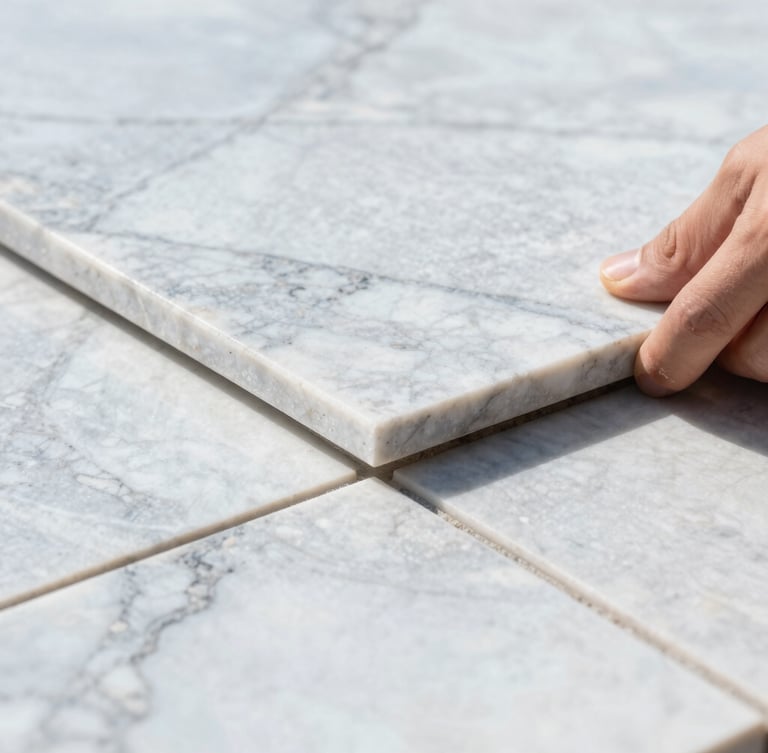 Detailed close-up of a craftsman placing a natural marble stone tile, perfect alignment, crisp grout lines, bright Scandinavian daylight, sharp focus