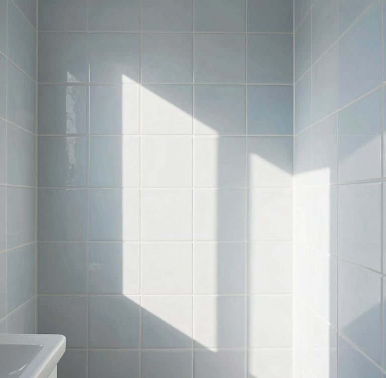 Bright architectural photography of a pristine modern bathroom with perfectly aligned ceramic tiles, natural Scandinavian daylight, sharp focus