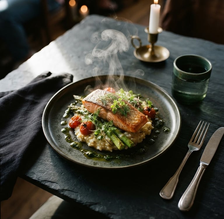 Close-up overhead shot of a premium dining table at Verde Bistro, steam gently rising from a freshly prepared plate, dramatic side lighting casting soft shadows on dark slate surface, rich deep green accents, macro lens, 35mm