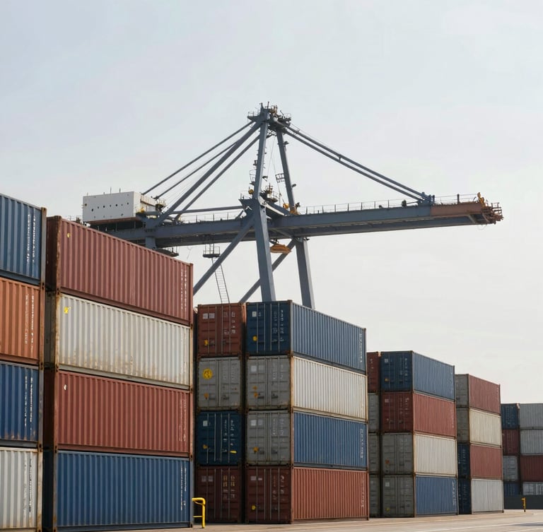 Wide shot of a structured shipping terminal, stacked cargo containers, heavy crane silhouette against a bright sky, crisp natural daylight, 35mm