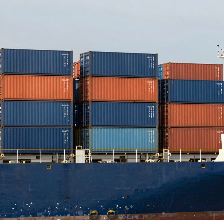 Industrial cargo terminal with stacked blue and orange shipping containers under crisp natural daylight, container ship at dock, professional photography, 35mm