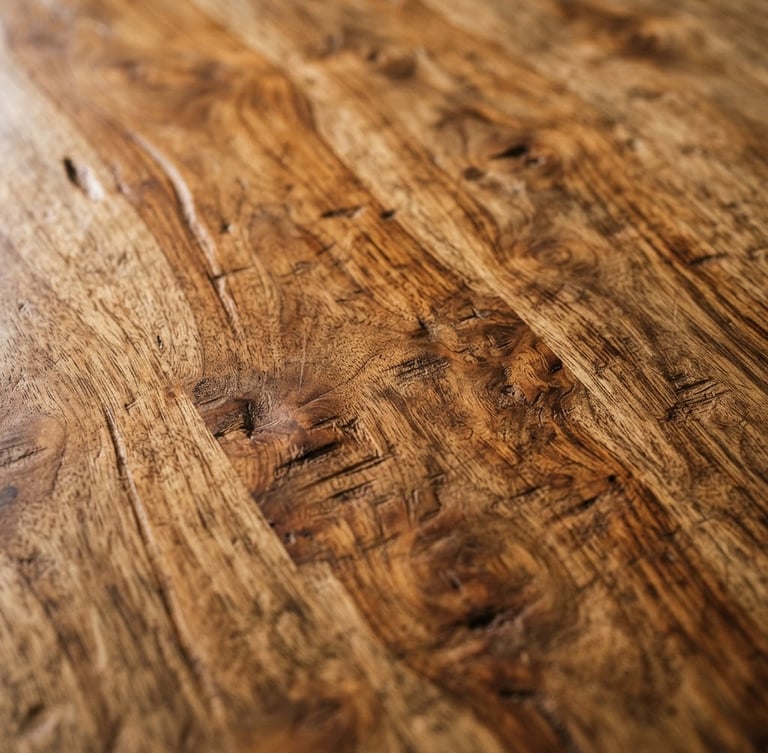 Macro detail shot of hand-carved sustainable mango wood with rich grain textures, warm natural daylight, 35mm