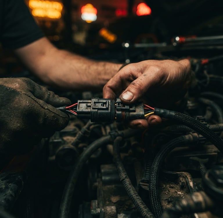 Macro shot of hands clicking a custom plug-and-play wiring connector into a factory harness, moody automotive garage setting, neon amber highlights, deep shadows, 35mm lens