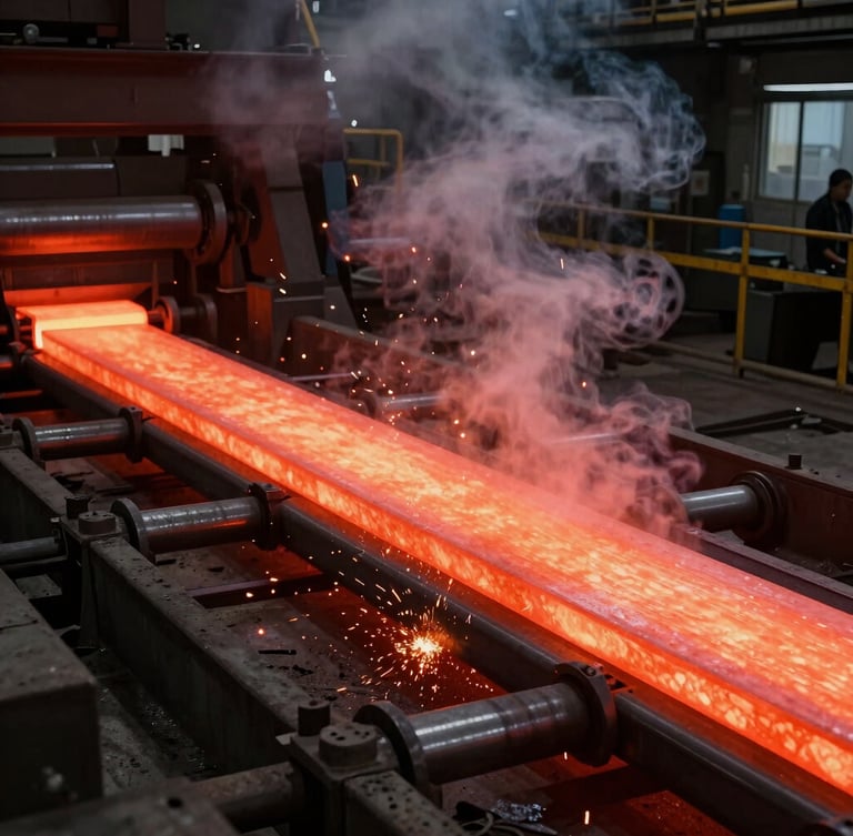Wide dramatic shot of a steel rolling mill with glowing red-hot steel slabs moving through rollers, steam rising, high contrast dark environment, safety orange sparks.