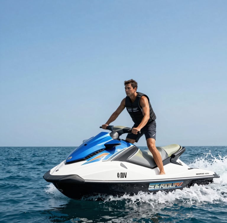 Portrait shot of a certified instructor demonstrating proper jet ski technique on a premium machine, deep blue water, bright coastal sunlight, dynamic low-angle framing.