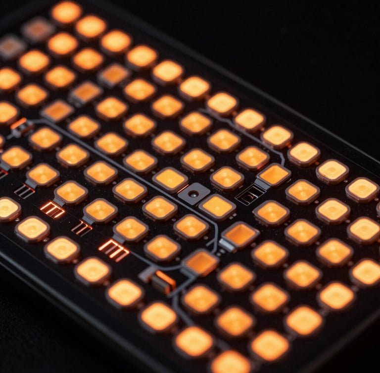 Macro close-up of a high-density LED panel during color-calibration, sharp technical grid lines, intense orange subpixels glowing against deep black, directional studio lighting.