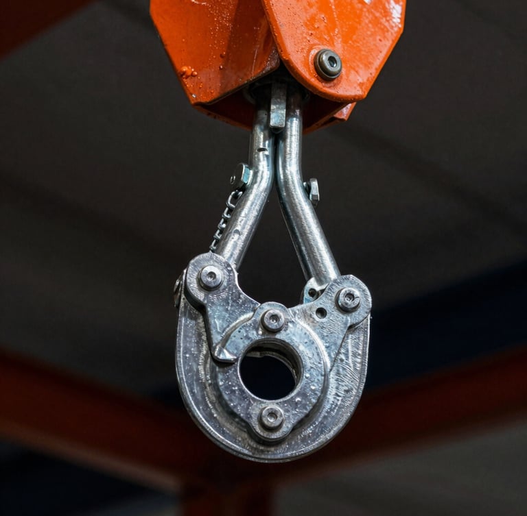 Close-up of a heavy-duty steel rigging shackle and industrial chain hoist, sharp focus on structural joint, safety orange accents, dark background.