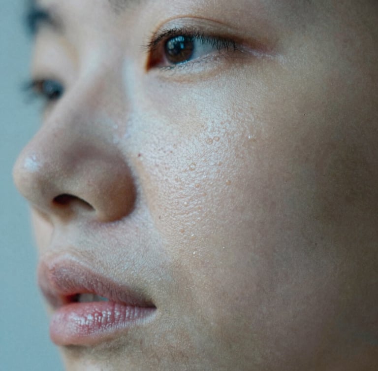 Macro close-up of healthy hydrated skin texture showing natural pores, soft morning light reflecting off clean glass, cool blue and warm gray tones, shallow depth of field